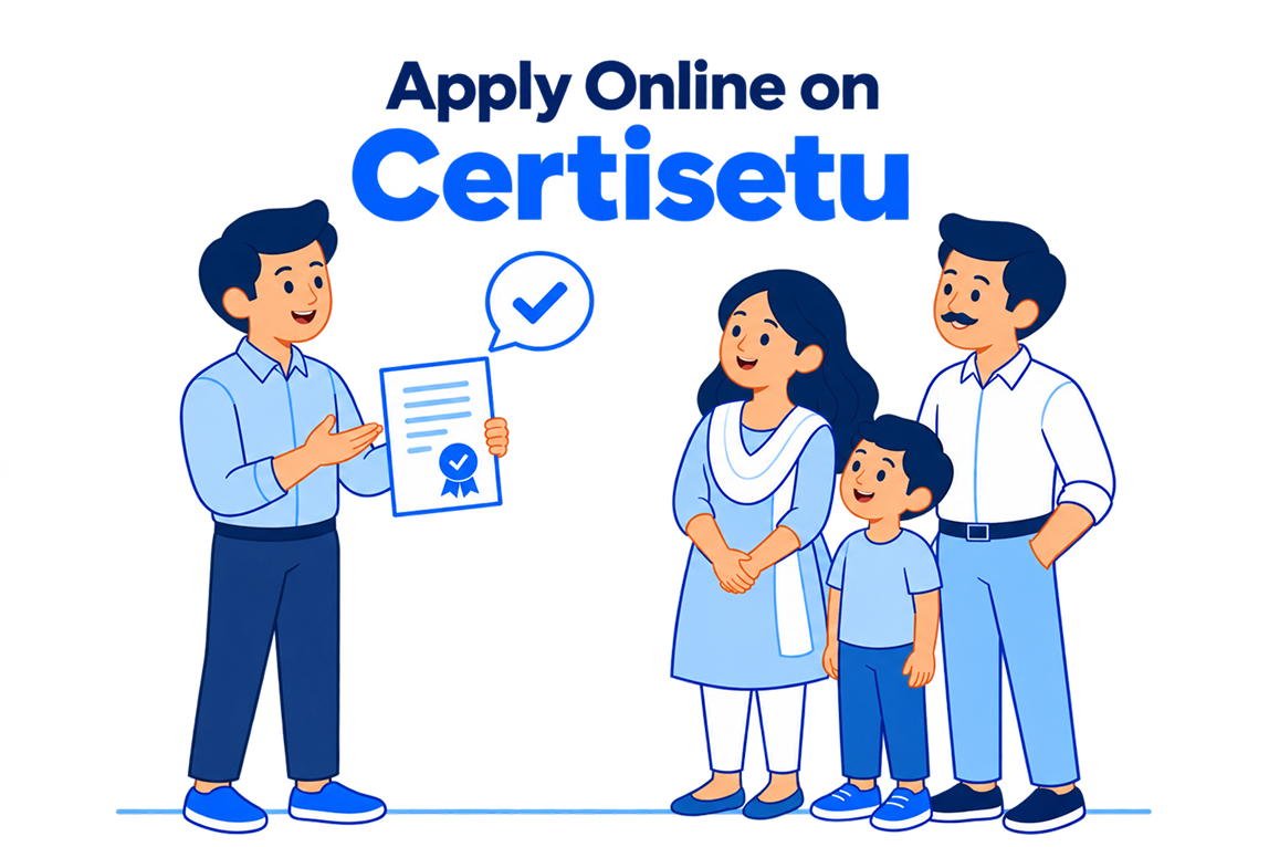 Illustration: a CertiSetu helper showing a family their certificate, under the words “Apply Online on Certisetu”